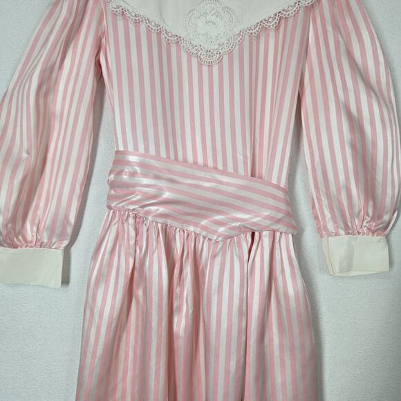 VTG Bonnie Jean Satin Dress Sz 8 Pink White Striped Long Sleeve Collar Lace - Picture 3 of 14